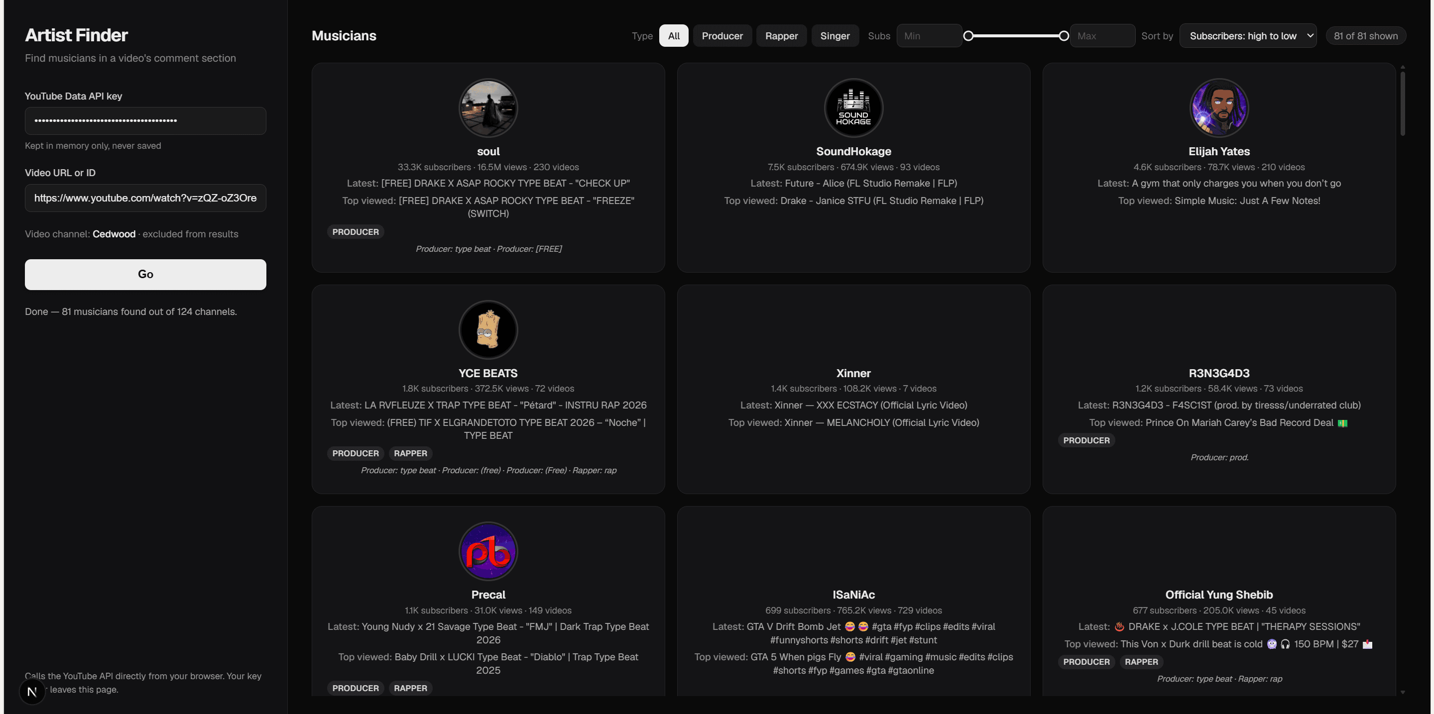 Artist Finder tool showing musicians found in a video's comment section